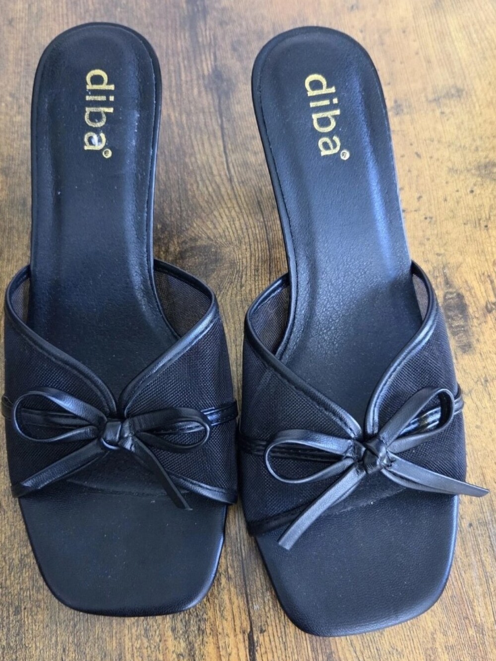 Diba Black Bow Mule Slides Mesh Upper 2.5" Heel